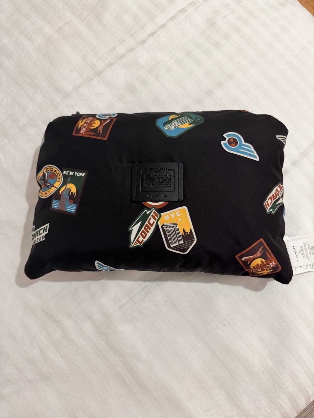 Coach Black Neck Pillow with Colorful Patch Logos NEW - Picture 3 of 5
